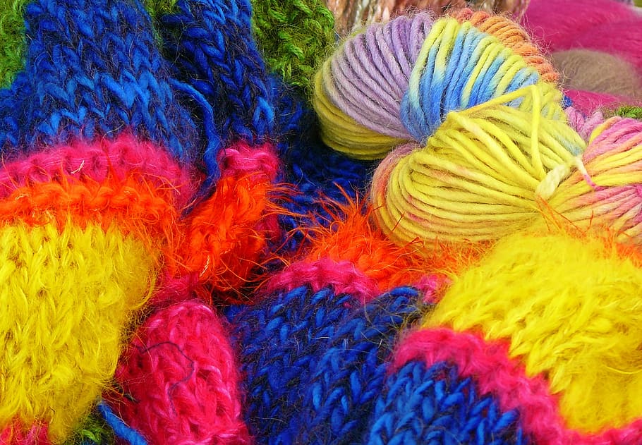 bunch of assorted-color yarn, wool, knitting wool, hand labor