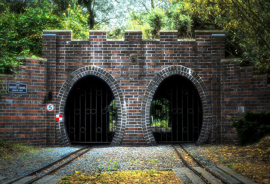 bridge, train track, miniture train, trees, arch, brick, architecture HD wallpaper