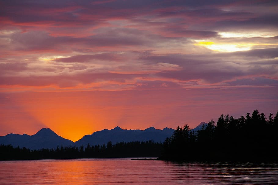 sunset, lake, mountains, twilight, dusk, sky, trees, reflection HD wallpaper