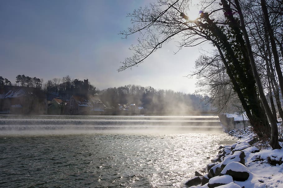 waters, tree, nature, winter, river, snow, cold, lech, bavaria HD wallpaper
