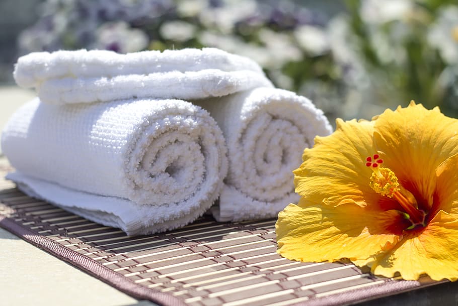 three white towels near yellow flower, hibiscus, clean, care, HD wallpaper
