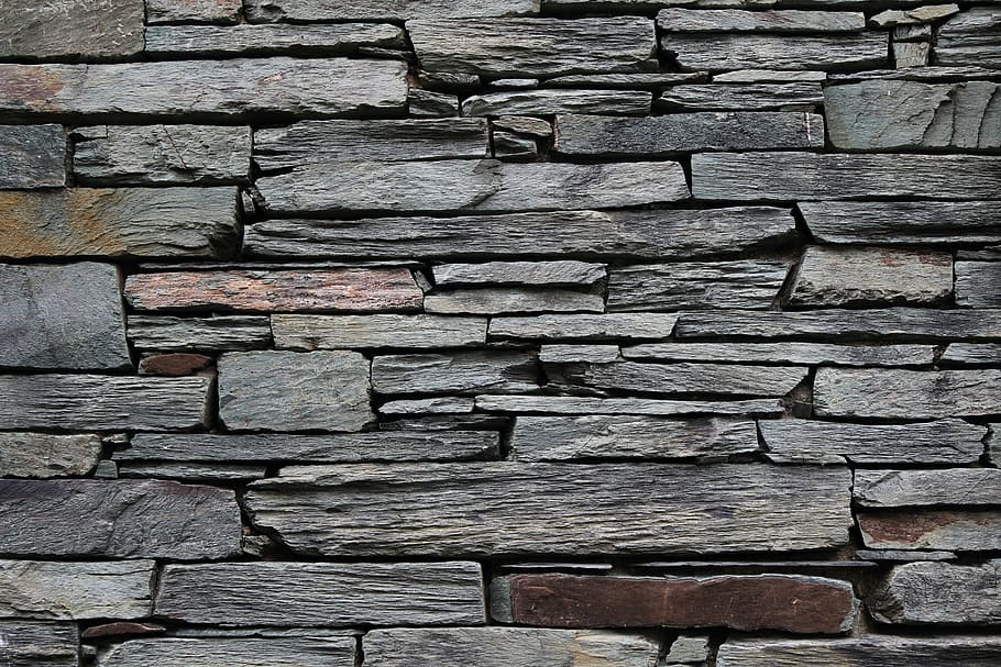 Slate wall, gray brick wall, stone, stonework, symmetry, backgrounds, HD wallpaper