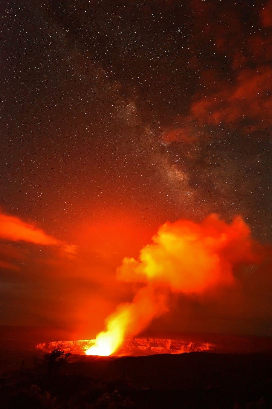 fire and smoke under starry sky during night time, volcano HD wallpaper