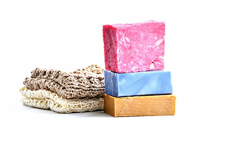 two knitted textiles beside wooden bars, handmade, soap, cold process HD wallpaper