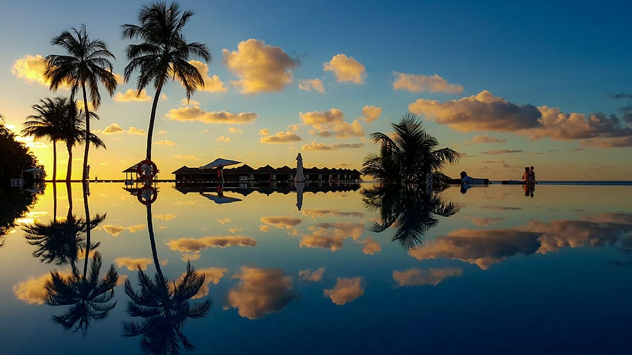 body of water under white sky, mirror photography of island, sea HD wallpaper