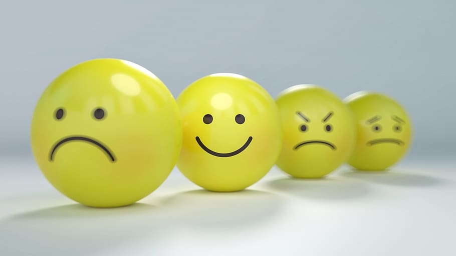 four assorted emoji balls focusing on smiley emoji, emoticon, HD wallpaper