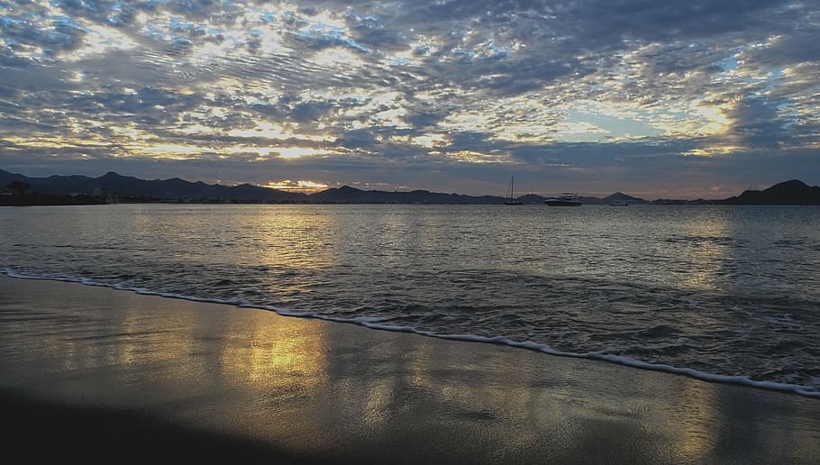 cloudy, sea, beach, clouds, ocean, holiday, ship, cloudiness HD wallpaper