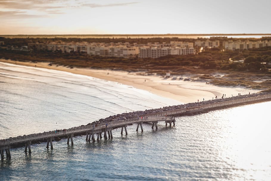 beach, dawn, dusk, ocean, outdoors, pier, sand, sea, seashore HD wallpaper