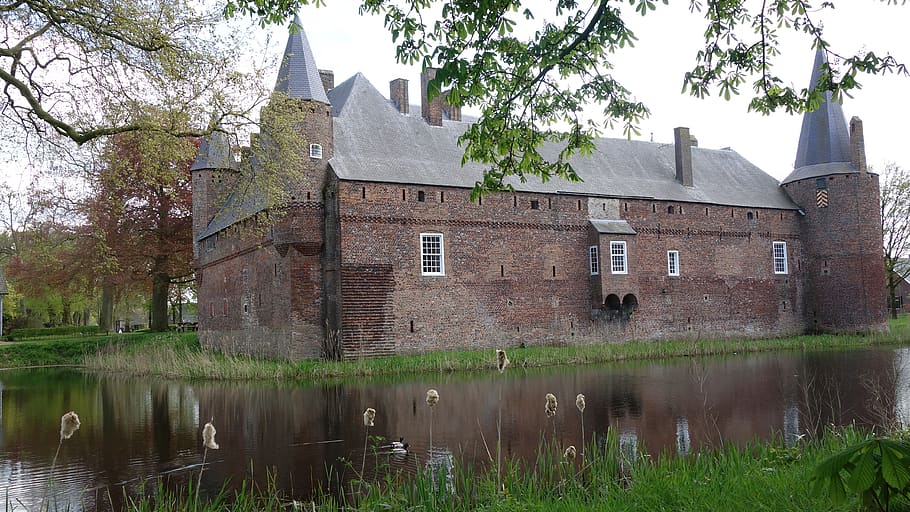 castle, hernen, fourteenth century, castle moat, netherlands, HD wallpaper