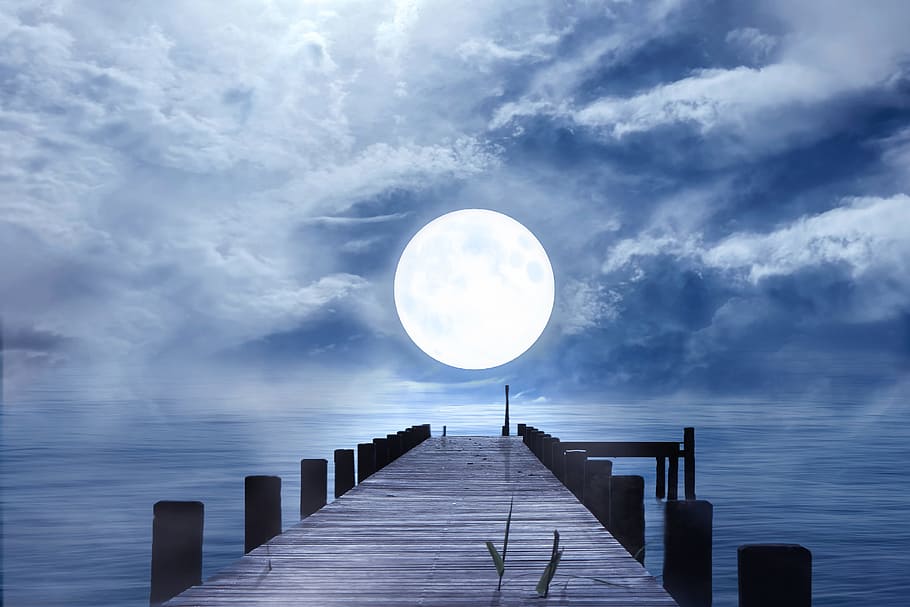 sea dock facing the ocean and full moon, good night, moonlight, HD wallpaper