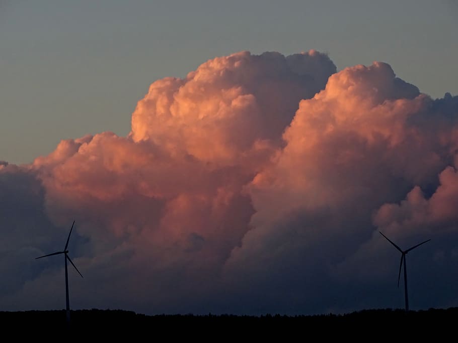 clouds, wind power, windräder, sky, wind energy, landscape HD wallpaper