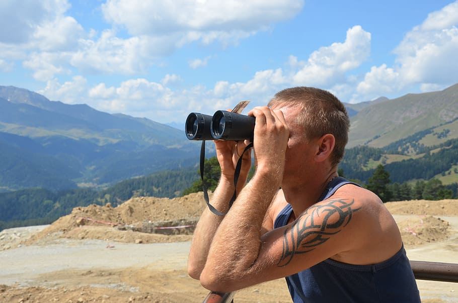 Binoculars, Journey, Dahl, Man, guy, nature, landscape, sky HD wallpaper