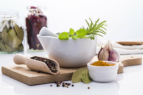 peppermint beside mortar and pestle with vegetable, spice, herbs HD wallpaper