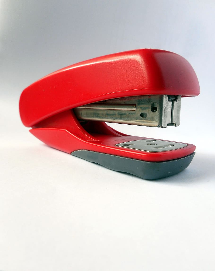 Office, Stationery, Stapler, Desk, red, grey, paper, table HD wallpaper