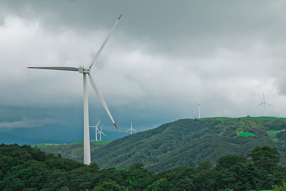 high angle photography of white windmills, daegwallyeong, wind power generator HD wallpaper