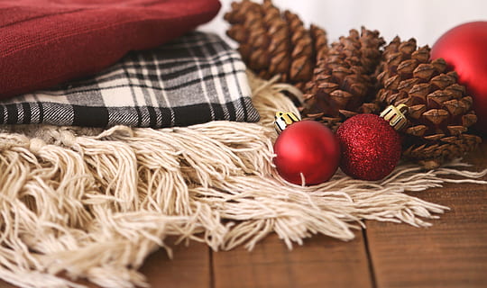 two red baubles beside acorn, winter, christmas, flatlay, pine cone HD wallpaper