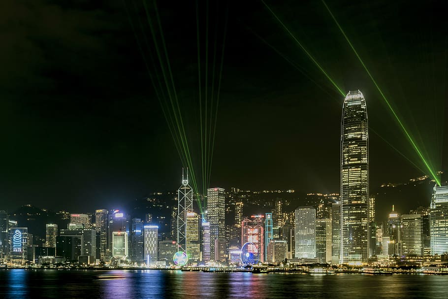 long exposure photography of buildings, laser, skyline, harbor HD wallpaper