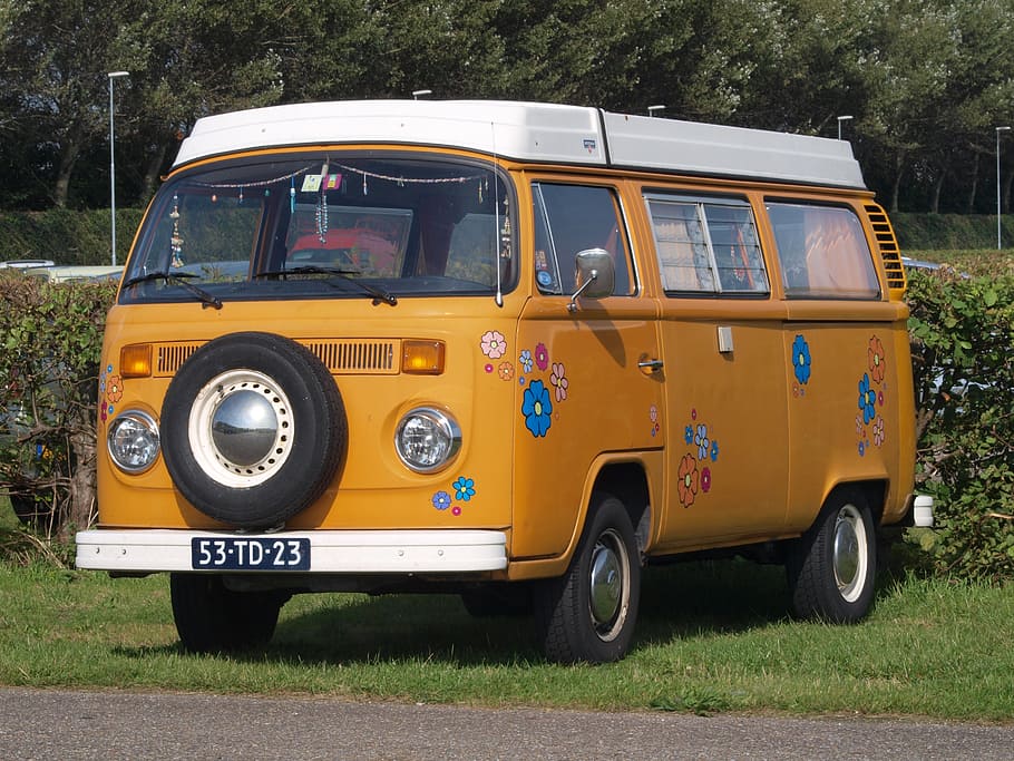 yellow and blue floral Volkswagen Samba van parked on green grassy area HD wallpaper