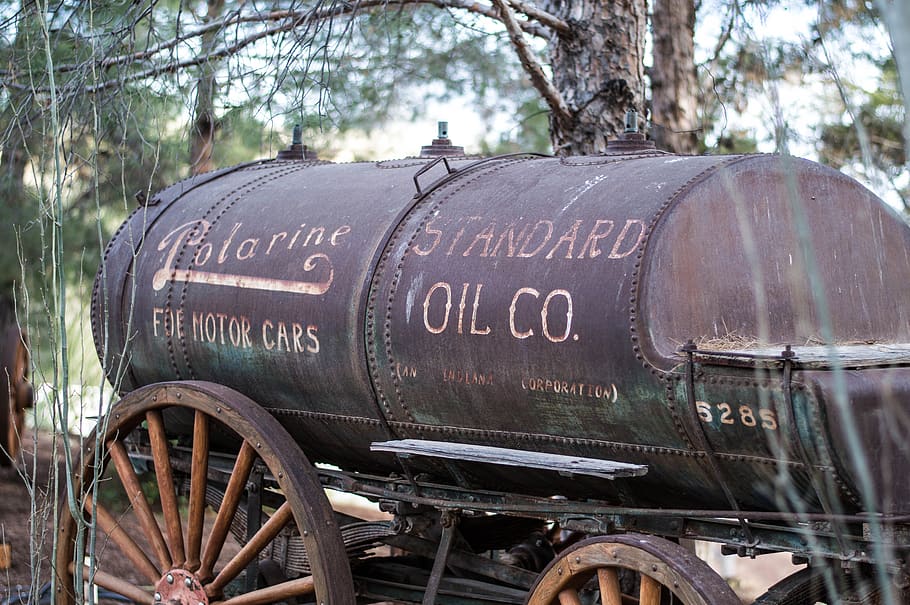 old trailers, oil tank, rust, tree, plant, text, transportation HD wallpaper