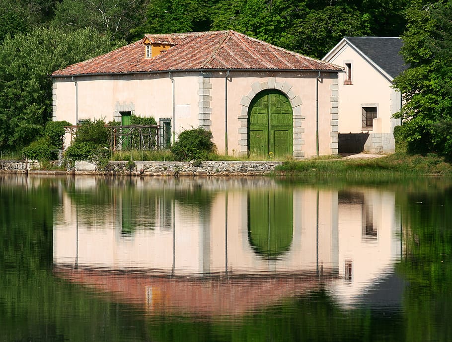 la granja, cottage, lake, reflection, spain, palace, segovia HD wallpaper