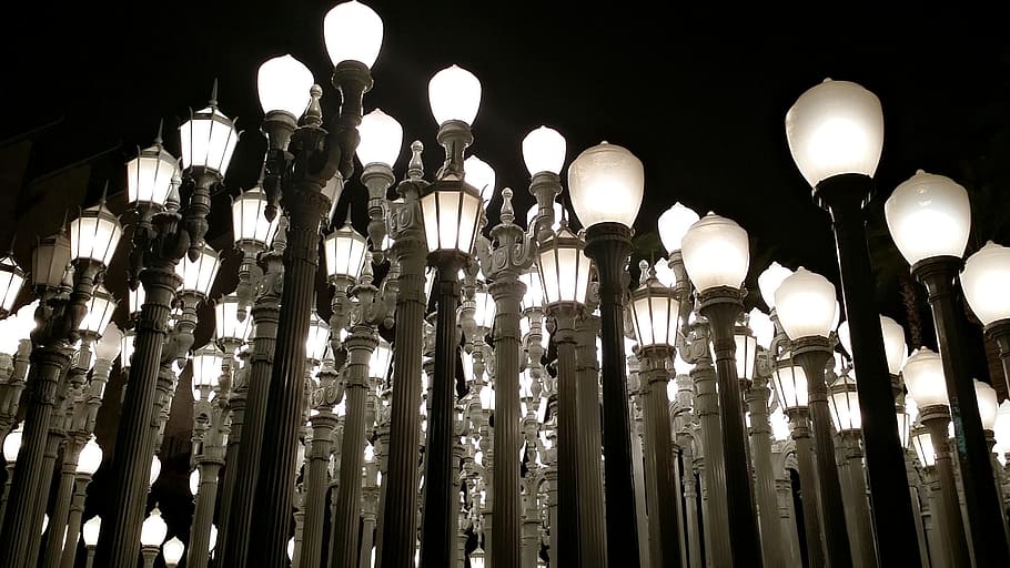 white lighted light posts, Los Angeles, Lacma, Lights, Travel, HD wallpaper