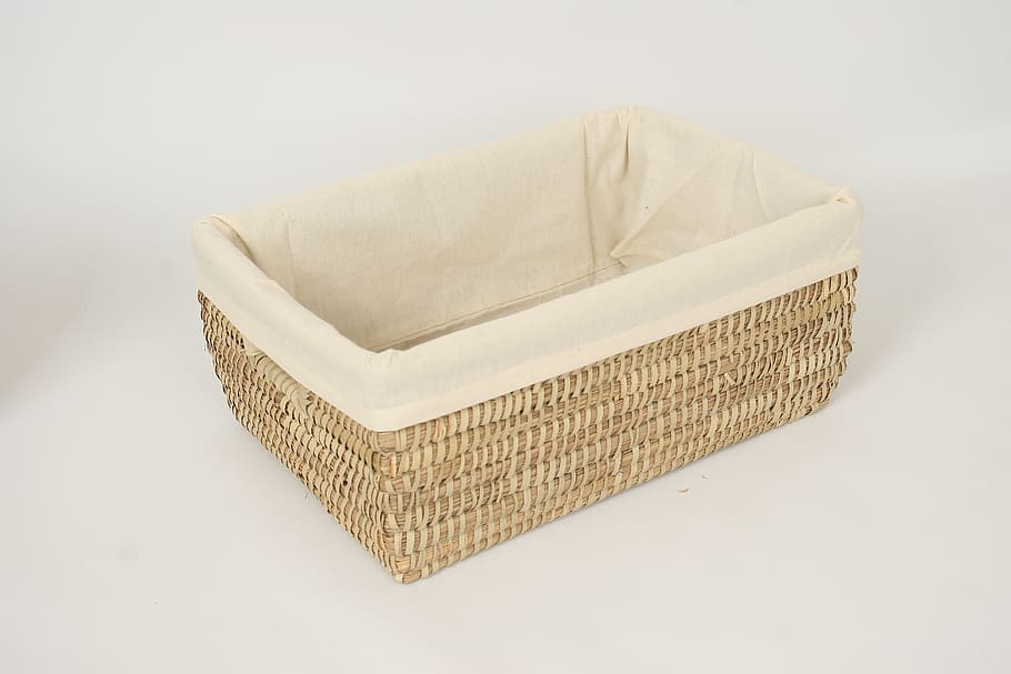 beige woven basket with white cloth, box, studio shot, container HD wallpaper