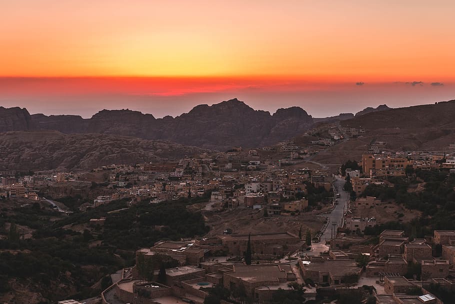 jordan, town, sunset, architecture, city, sky, nature, built structure HD wallpaper
