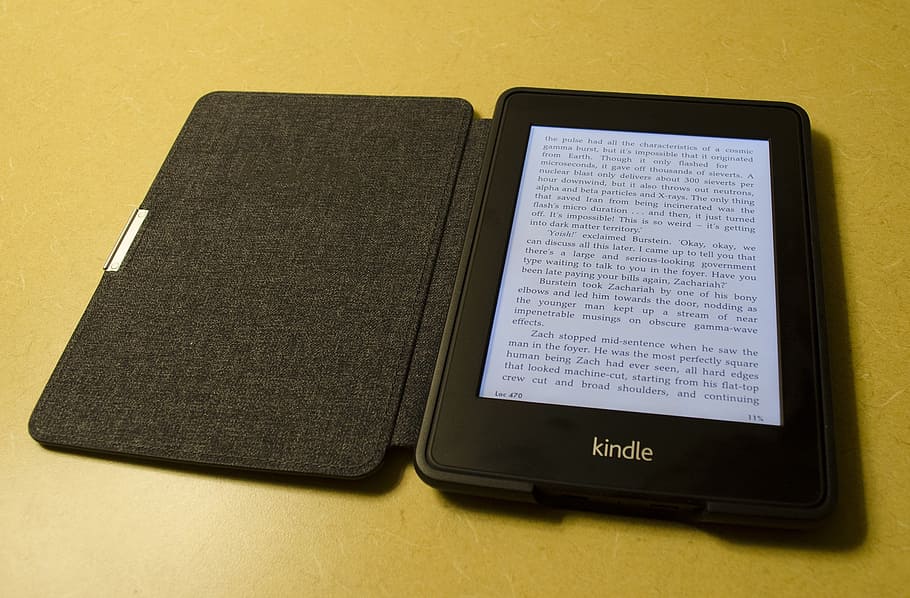 black Amazon Kindle turned on, ebook, reader, e-book, e-reader