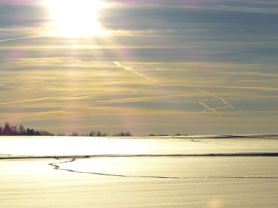 winter, snow, traces, sky, clouds, sun, beauty in nature, tranquility HD wallpaper