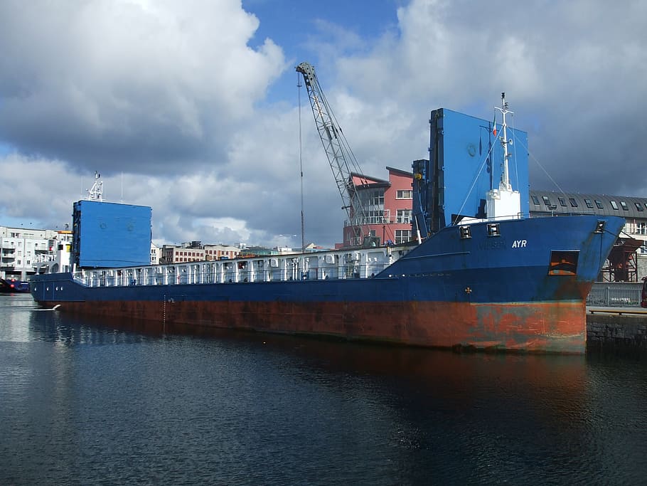 blue and brown ship carrier, cargo ship, galway, galway docks, HD wallpaper