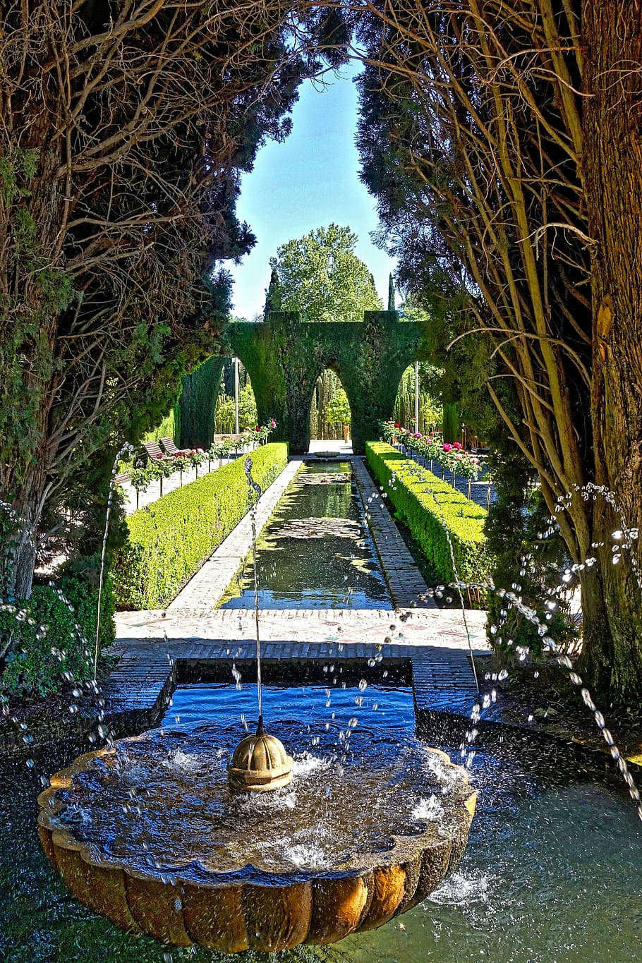 fountain, garden, water, alhambra, design, perspective, refreshing, HD wallpaper
