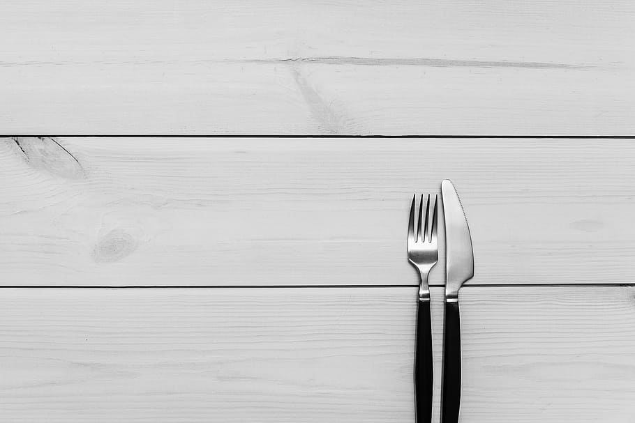 fork and knife on gray surface, black, handle, grey, wooden, kitchen