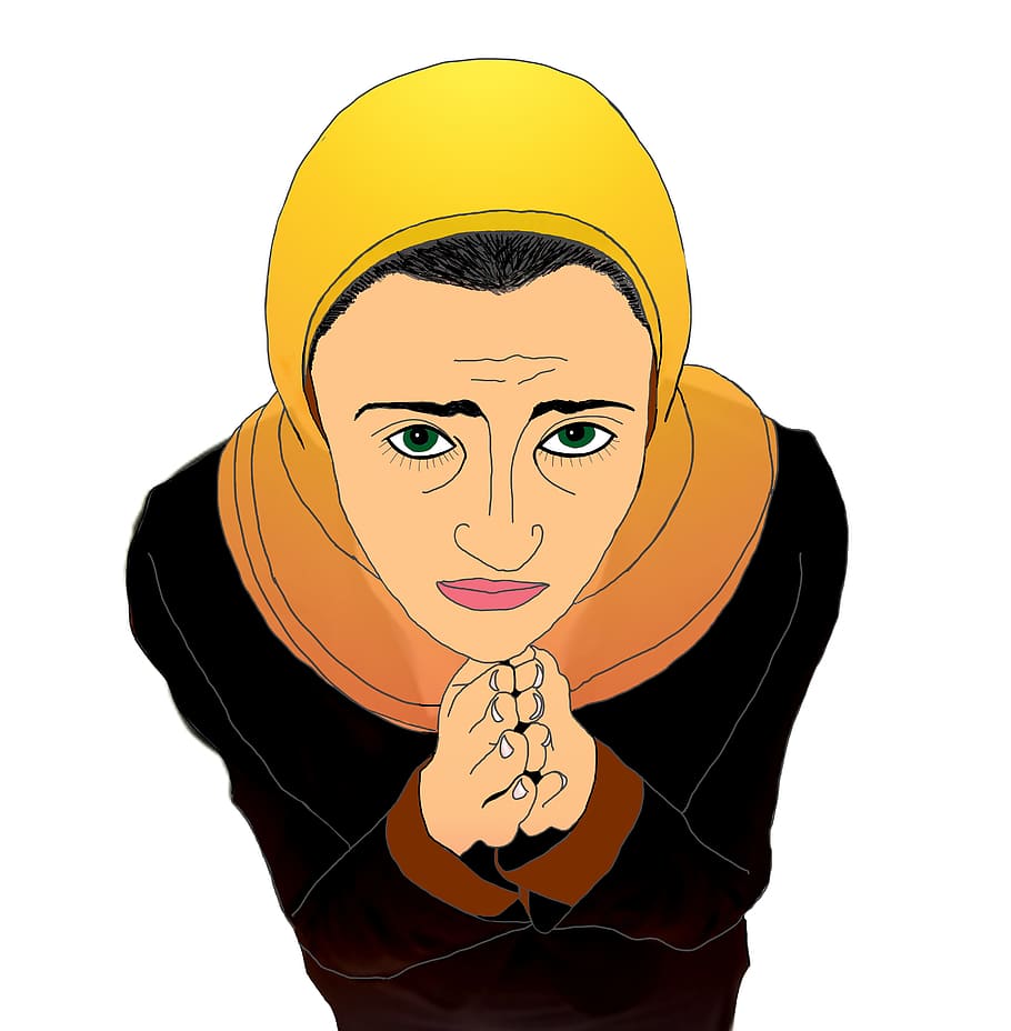 woman wearing yellow hijab and black dress praying vector art