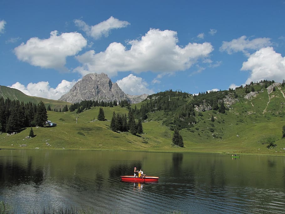 körbersee, boot, alpine, austria, vorarlberg, holiday, alpine lake HD wallpaper