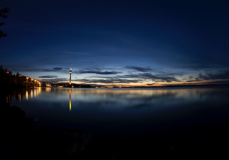 silhouette of lighthouse during sunset, sea, ocean, water, wave HD wallpaper