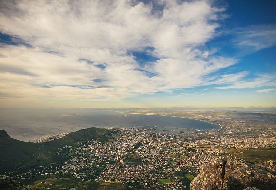 bird's-eye view of city near body of water, bay, lagoon, landscape HD wallpaper