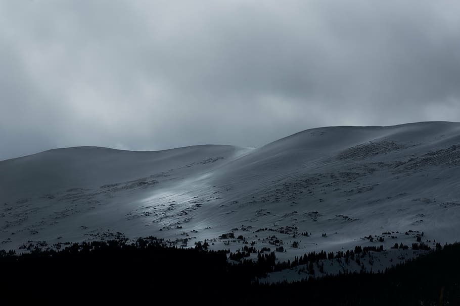 snowy mountain under cloudy sky, dark, highland, landscape HD wallpaper