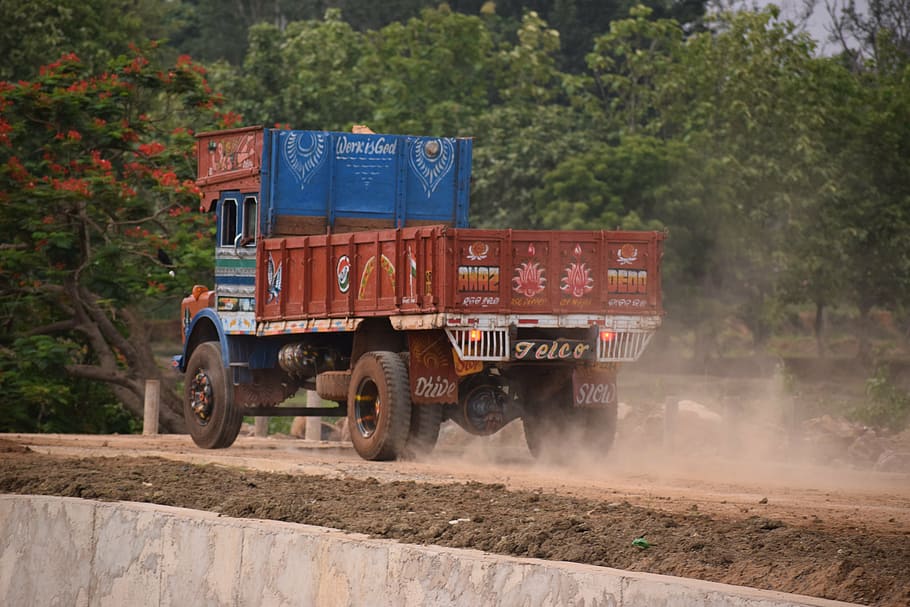 truck, road, under construction, dust, pollution, transport HD wallpaper