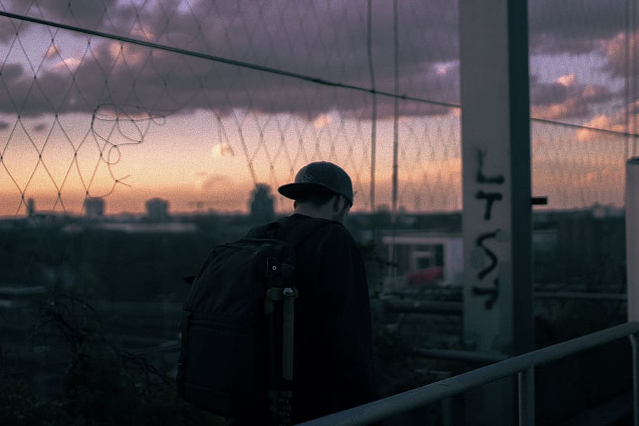 people, man, shadow, sunset, silhouette, wires, sky, rear view HD wallpaper