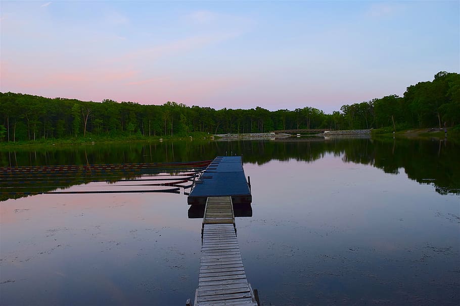 dock, lake, sunset, water, nature, landscape, pier, blue, reflection HD wallpaper