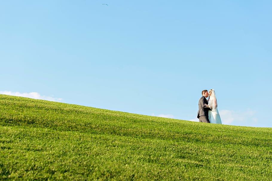 low angle photography of bride and groom on green grass covered hill during daytime HD wallpaper