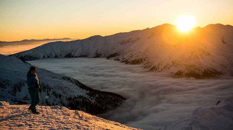 mountains, sunset, clouds, nature, hiking, outdoors, mountain Peak HD wallpaper