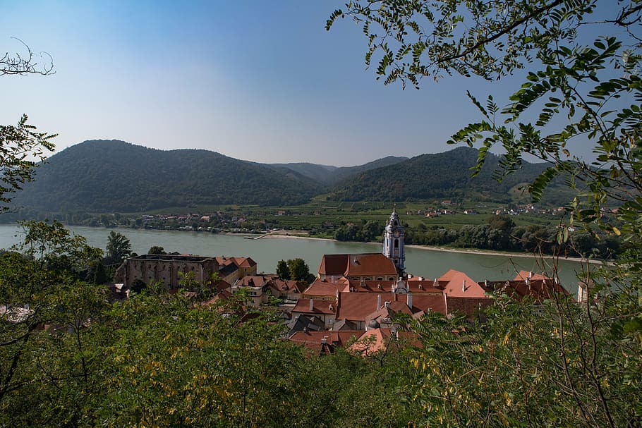 village near body of water, river, landscape, nature, valley HD wallpaper