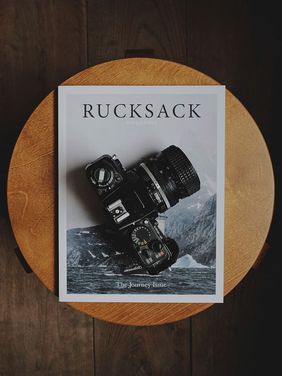 black DSLR camera on Rucksack book, mountain, mag, photography HD wallpaper