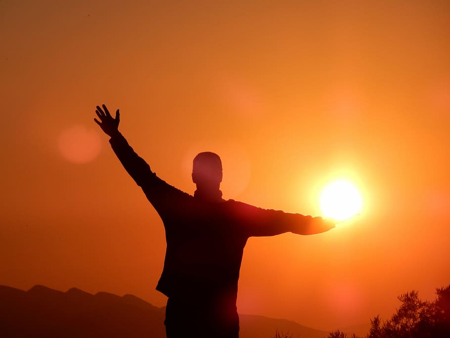 silhouette man raising hands during golden hour, sunset, only HD wallpaper