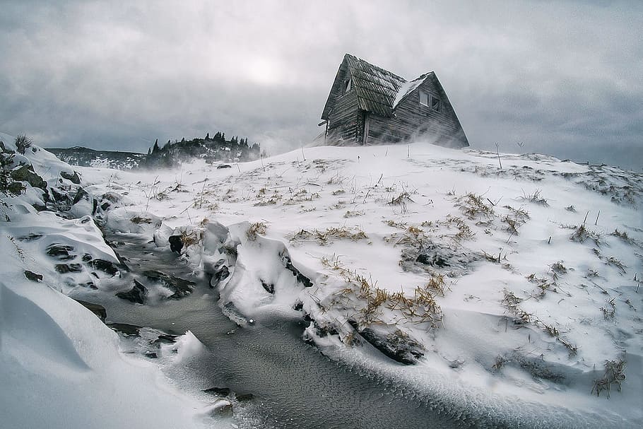 Gray House Surrounded by Snow, clouds, cold, daylight, flow, fog HD wallpaper