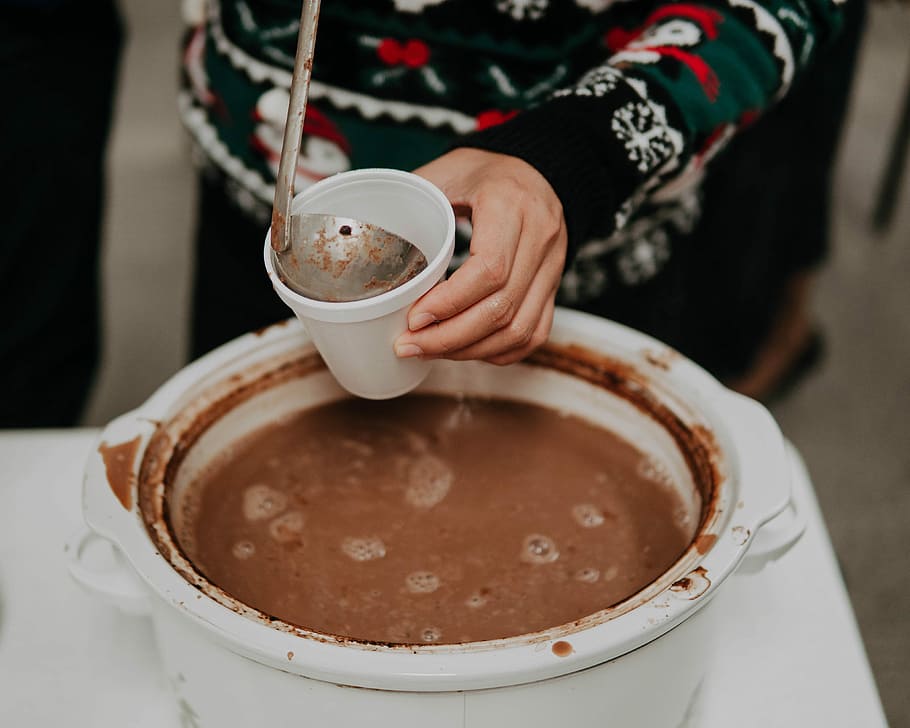 person holding white cup, person scooping chocolate soup, urn HD wallpaper