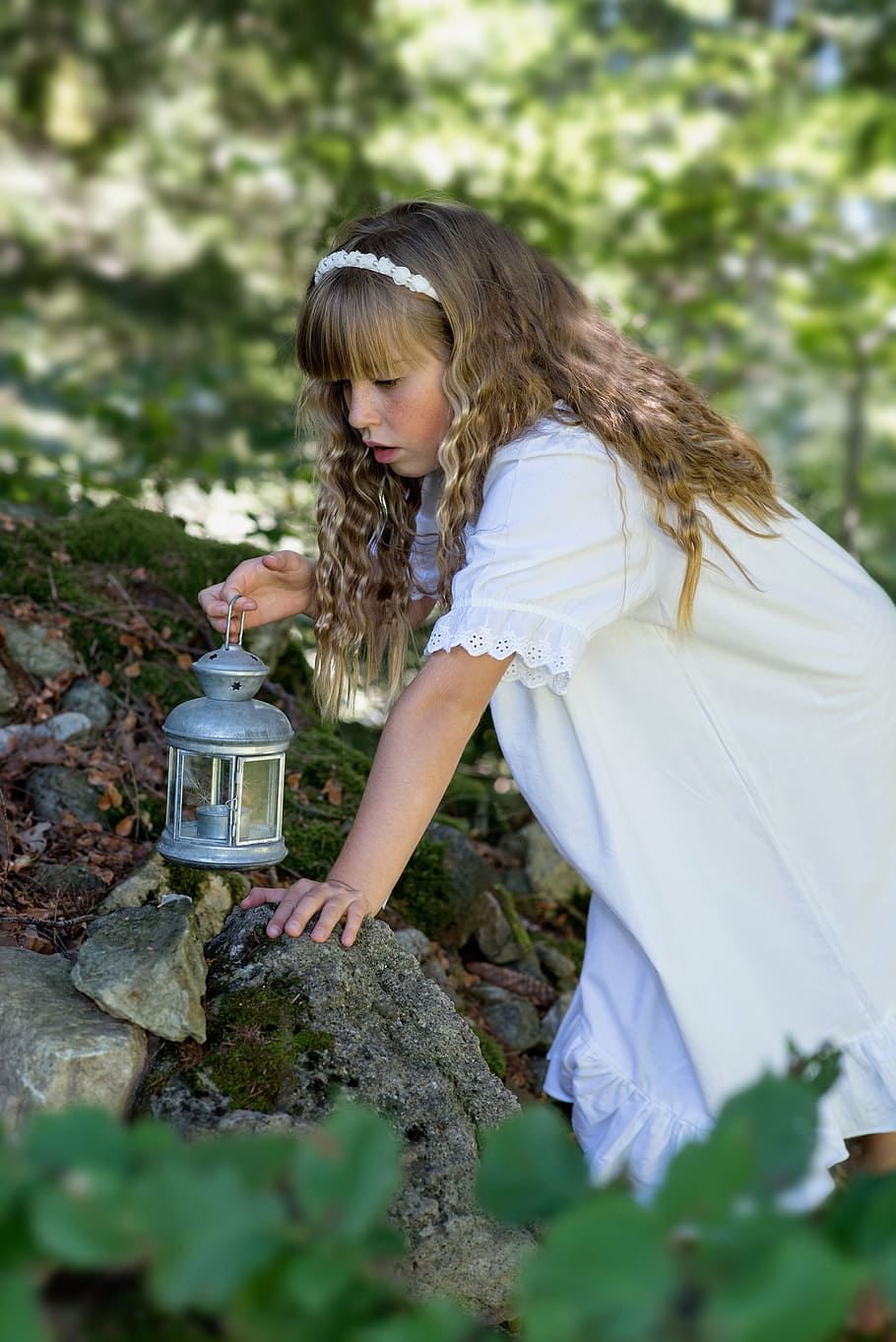 shallow focus photography of girl wearing white dress holding silver-colored kerosene lamp on her right hand during daytime, HD wallpaper
