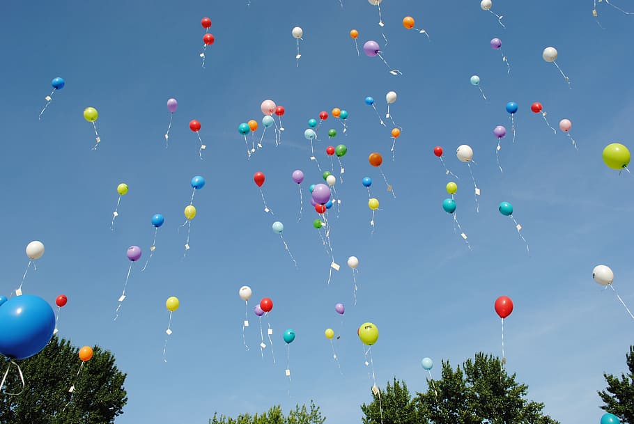 assorted colors of balloons, celebration, float, helium, ease HD wallpaper