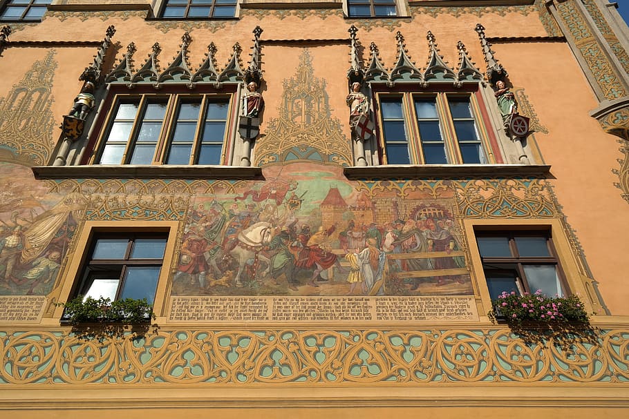 Town Hall, Ulm, Window, Facade, Painting, ulmer hall, frescoes HD wallpaper